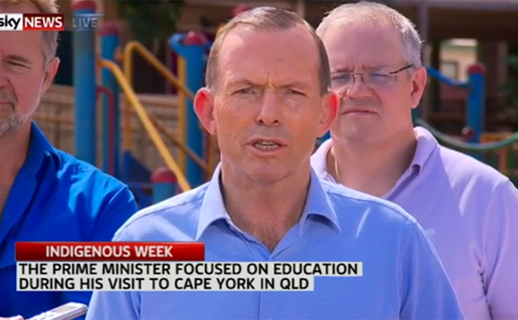 A Sky News grab of Prime Minister Tony Abbott pictured during his 2015 trip to Cape York.