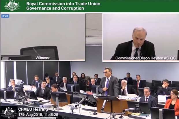Royal Commissioner Dyson Heydon, pictured during a 2015 sitting of the TURC.