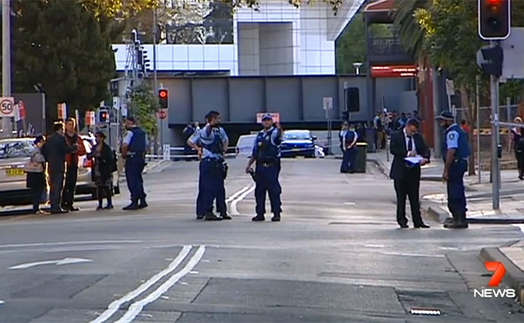 Police close off surrounding streets in Parramatta after the shooting.