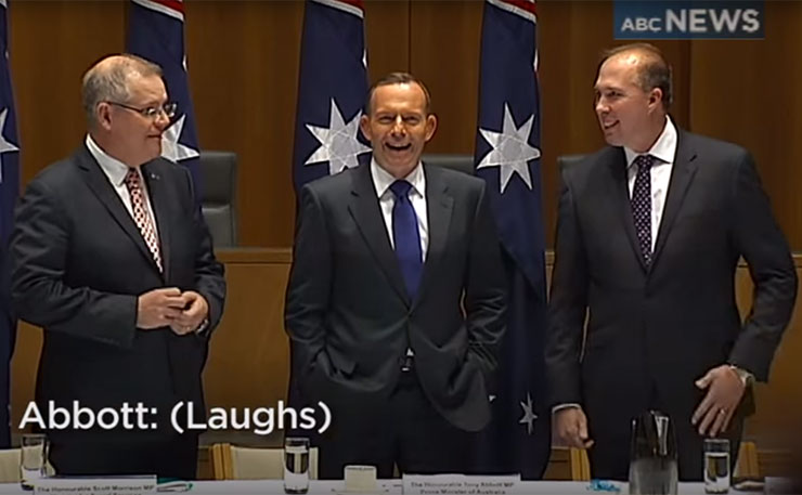 Former immigration minister Scott Morrison, former Prime Minister Tony Abbott, and current immigration minister Peter Dutton, pictured in October 2015.
