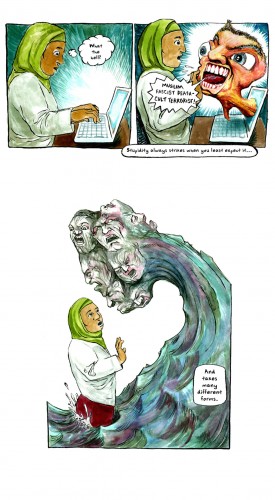 A scene from 'Huda', one of Ahmed's comic strips in which a young Muslim heroine answers questions.