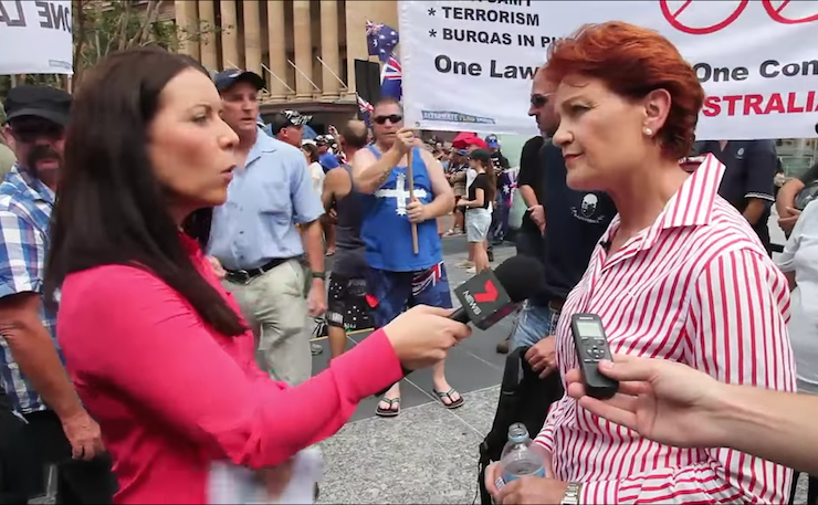 Pauline Hanson speaks to media at a Reclaim rally.