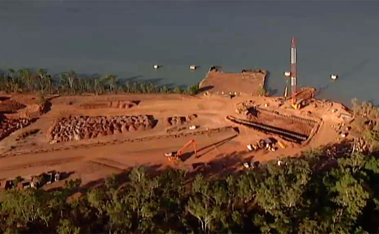 A screencap from ABC TV of Port Melville under construction.