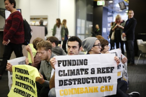 Climate protesters as a Commonwealth Bank earlier this year. Image: 350.org.