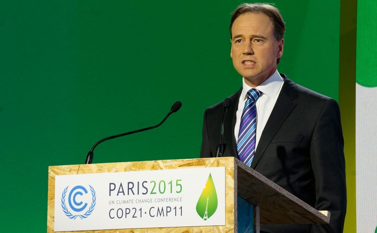 Former Australian Minister for the Environment, Greg Hunt, speaking at the Paris climate talks. (IMAGE: Thom Mitchell, New Matilda).