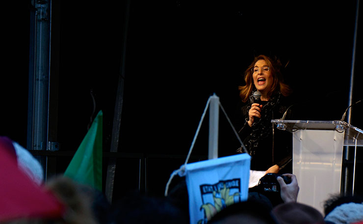 Canadian activist Naomi Klein addresses protests in Paris after the unveiling of the COP21 deal. (IMAGE: Thom Mitchell, New Matilda)