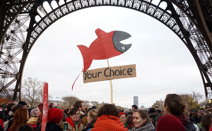 More than 10,000 protestors defied a ban on political gatherings in Paris to march to the Eiffel Tower on the final day of the COP21 Paris climate talks. (IMAGE: Thom Mitchell, New Matilda)