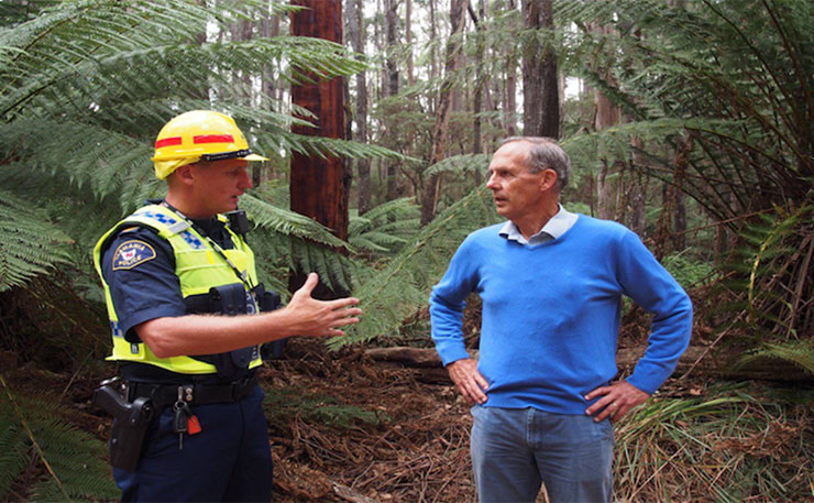 Bob Brown, about to be arrested while protesting the destruction of Tasmania's iconic natural heritage.