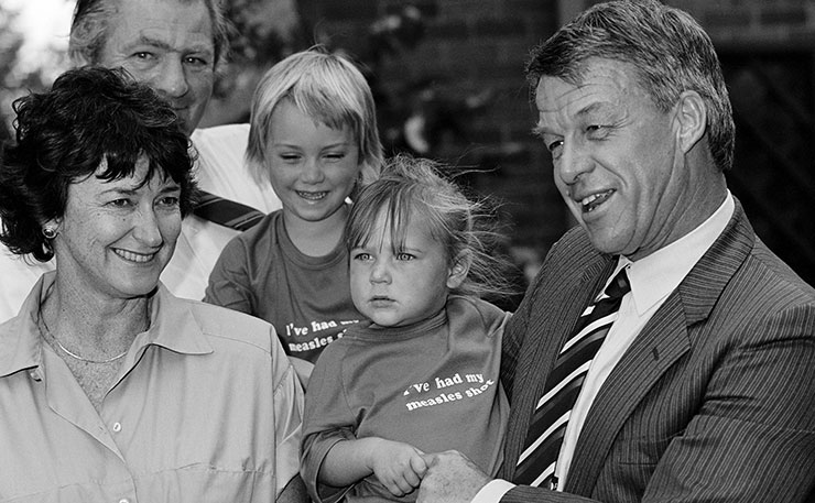 Minister for Health Dr Neal Blewett launches the National Measles Campaign, 1987.