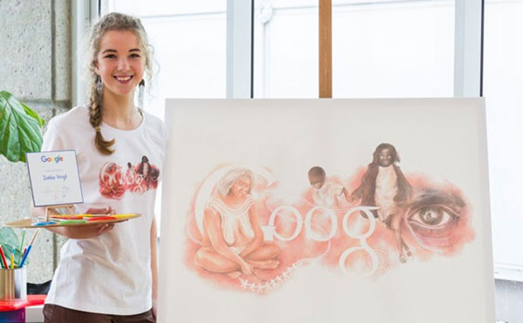 Ineka Voigt, with her winning artwork, entitled 'Stolen Dreamtime'.