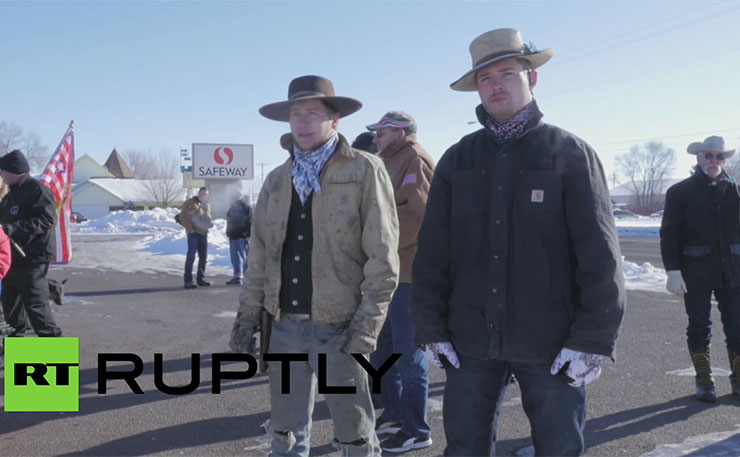 A screencap from footage obtained by RT.com, showing some of the men involved in the raid on the Malheur Wildlife Refuge.