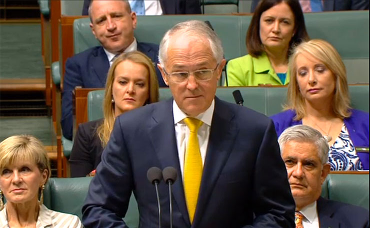 Prime Minister of Australia Malcolm Turnbull, pictured in parliament today delivering the 8th annual Close the Gap report.