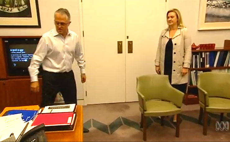 Malcolm Turnbull, as Opposition leader, pictured with staffer Sally Cray, who would later work for the ABC, before returning to Turnbull's office after the Liberals won government.