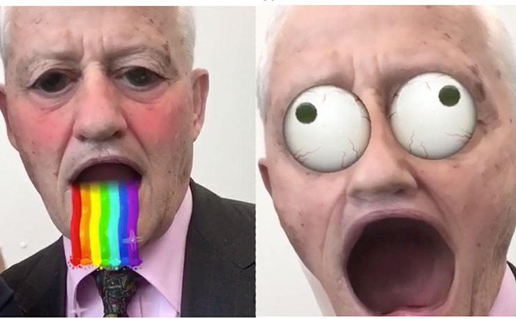 Philip Ruddock, as depicted in a Buzzfeed article taking him through Snapchat.