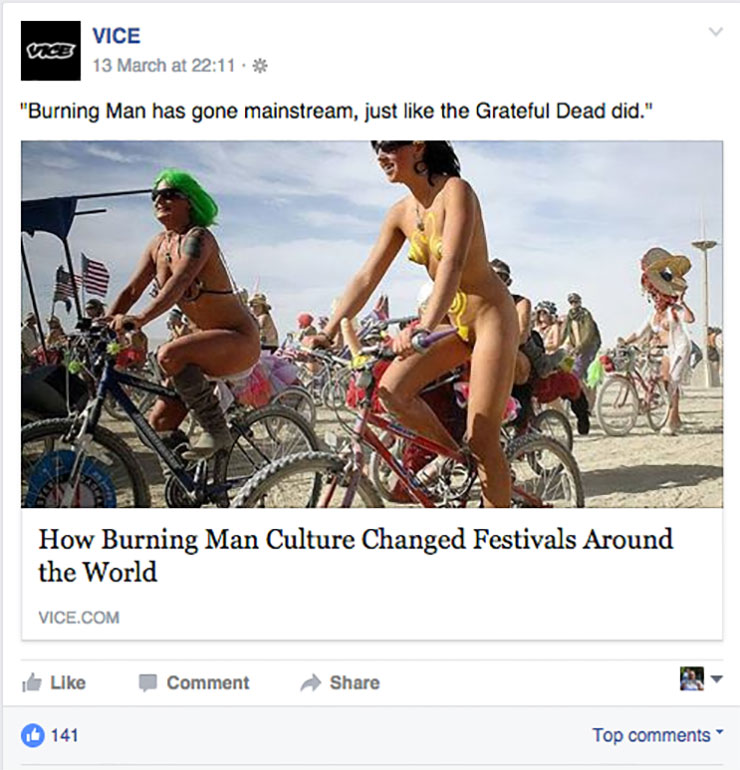 A screen cap of the post from Vice magazine, showing a naked woman on a bike with a large dildo.