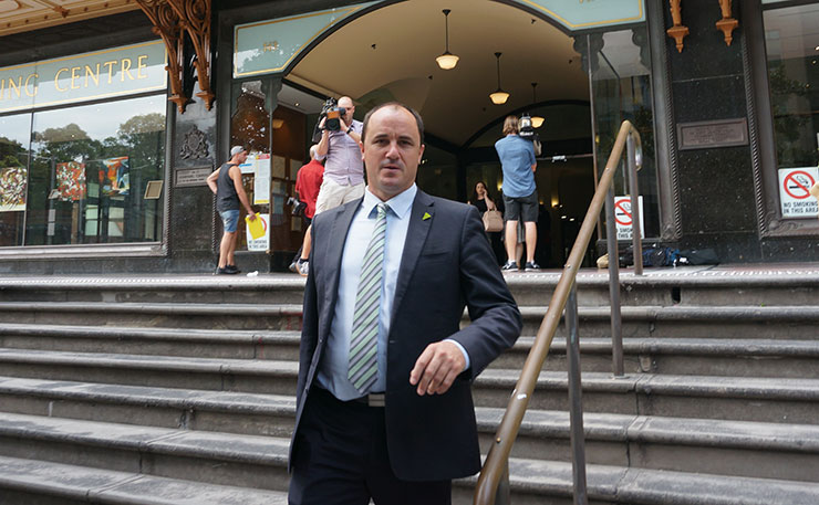 NSW Greens MP, Jeremy Buckingham, appearing in the Downing Centre Local Court this morning after being charged in relation to an environmental protest.