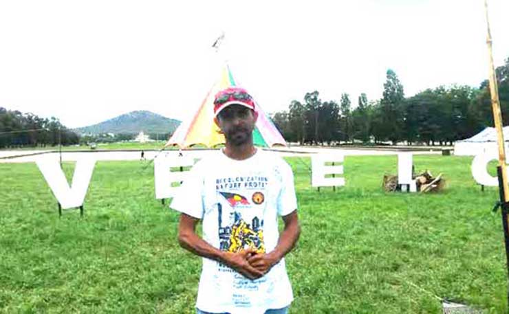 Shaun Harris, pictured at the Aboriginal Tent Embassy in Canberra in 2015.