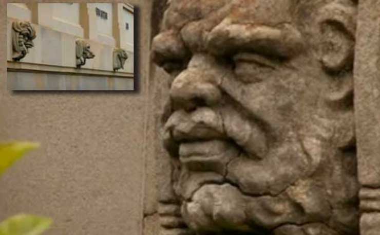 A screenshot from the film Utopia which shows the Aboriginal gargoyles at the Australian War Memorial.