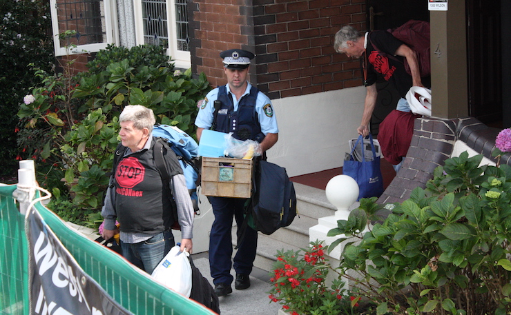 Police remove protestors from the Haberfield occupation.