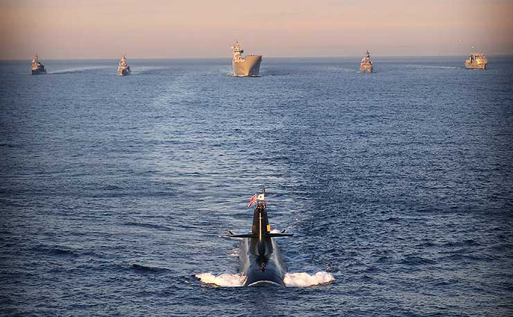JS Hakuryu leads (l-r) JS Asayuki, HMAS Ballarat, HMAS Adelaide, JS Umigiri and HMAS Success in formation on approach to Sydney Heads during Exercise NICHI GOU TRIDENT in April 2016. (IMAGE: LSIS Nina Fogliani, Australian Defence Force).