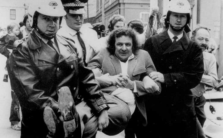 Legendary organiser of the Green Bans in the 1970s, Jack Mundey. He's pictured being arrested in The Rocks, during a protest to save community housing.