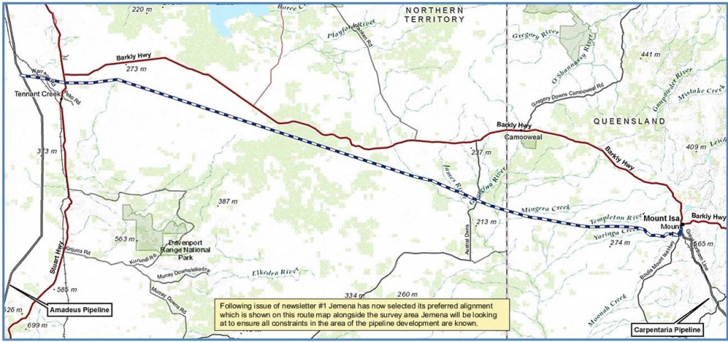 A map of the proposed route of a gas pipeline to link Northern Australia to the East Coast gas market.