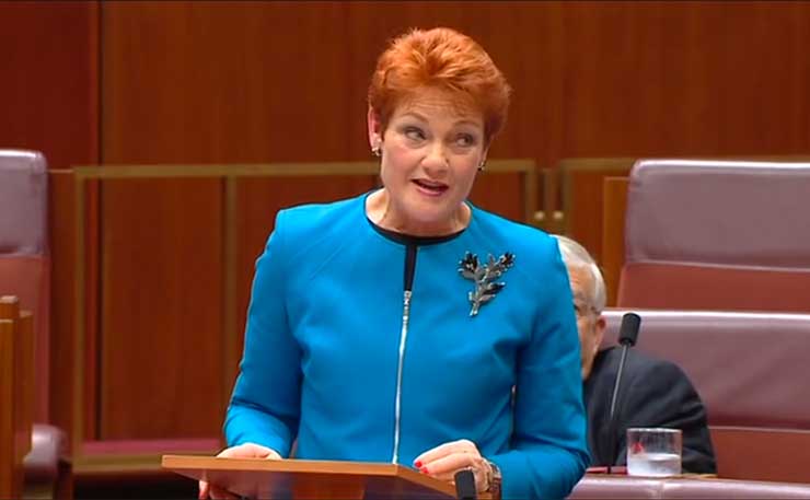 Pauline Hanson delivers her maiden speech to the federal Senate, in September 2016. 