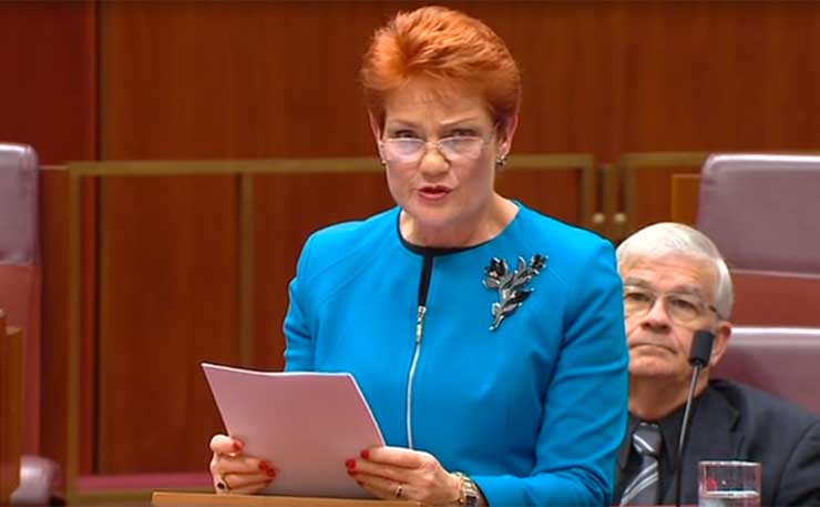 Pauline Hanson delivers her maiden speech to the Senate, in September 2016.