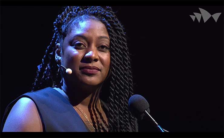 One of the founders of the Black Lives Matter movement in the US, Alicia Garza, speaking at the Festival of Dangerous Ideas in Sydney earlier this year.
