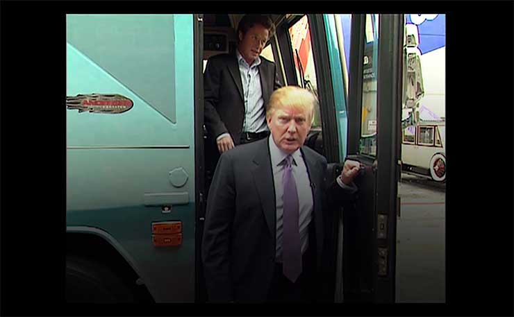 Donald Trump emerges from a bus in 2005, after being recorded boasting about sexually assaulting women.