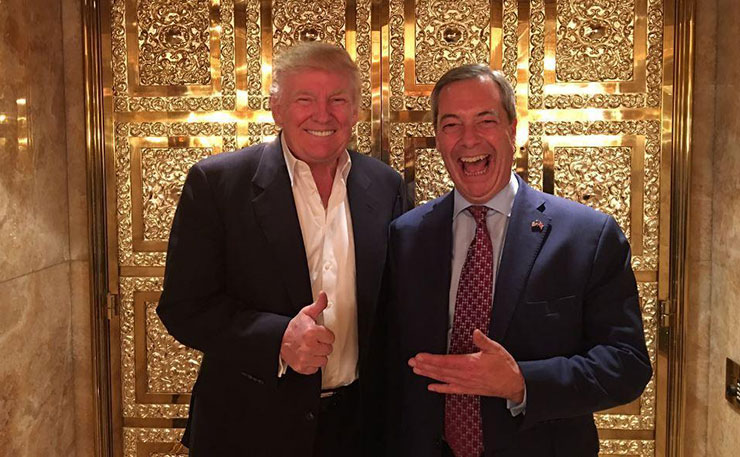 Donald Trump meets Nigel Farage... in a gold-plated lift in Trump Tower.