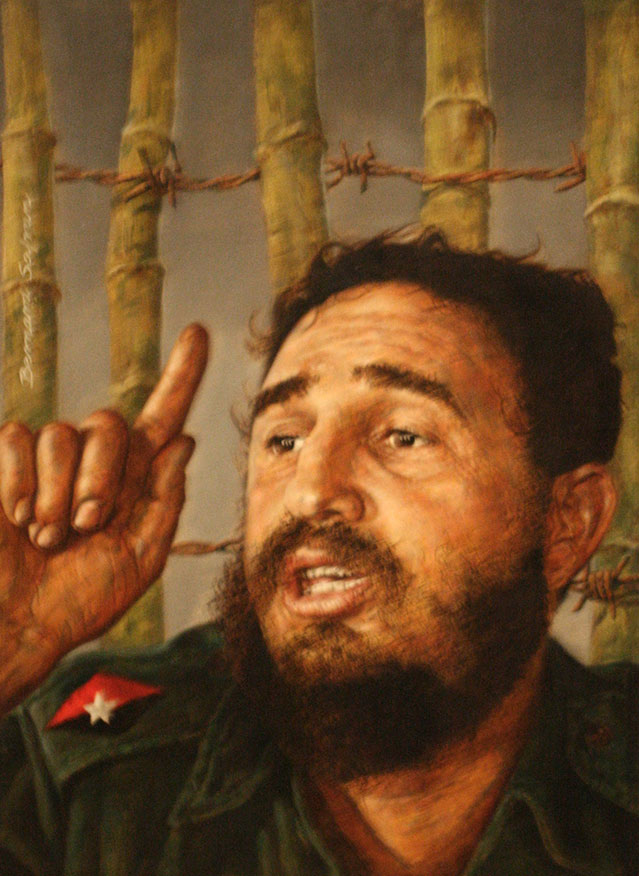 Time Magazine's 1965 "Person of the Year" cover...In this cover Bernard Safran depicted Castro in front of a barbed wire fence, a sinister reference to his imprisonment of large numbers of Cuban people. The article which accompanied this cover was about the transition of Castro's Cuba from revolutionary society to dull bureaurcratic state beholden to the USSR to the tune of $1,000,000 a day.