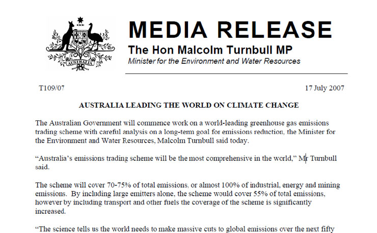 Malcolm Turnbull was the Environment Minister when John Howard announced an emissions trading scheme in 2007. Source: Department of Environment and Energy.