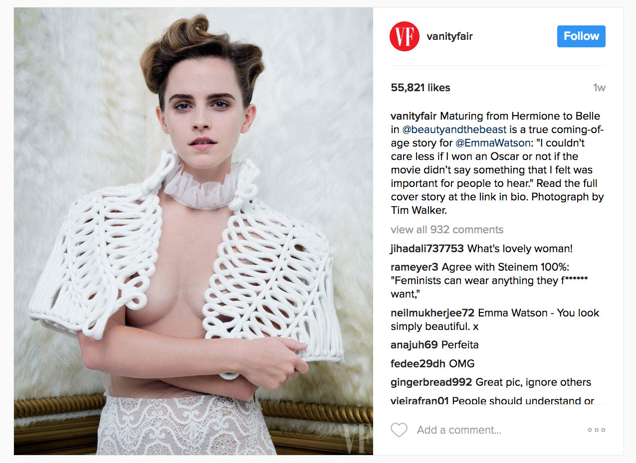 Vanity Fair's Instagram page, featuring actress Emma Watson.