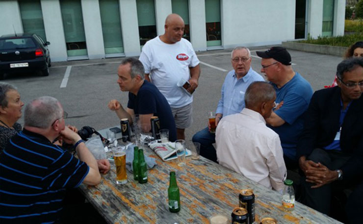 Corporate spy Rob Moore (third from left), pictured at Geneva in 2015. From left to right is Sue Murray (Unite The Union, Britain); Dave Trigg (Unite); Rob Moore; Andrew Ramsay (CFEMU Qld); Kevin Williamson (Unite); Injured Indian worker; and Andrew Dettmer (National President of the AMWU). 