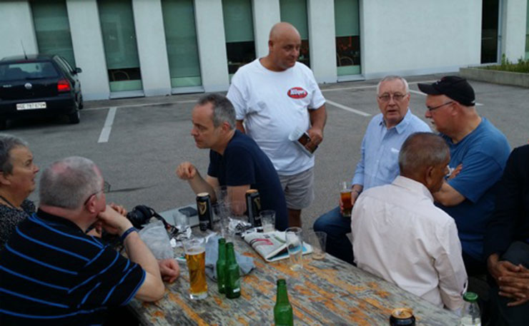 Corporate spy Rob Moore (third from left), pictured at Geneva in 2015. From left to right is Sue Murray (Unite The Union, Britain); Dave Trigg (Unite); Rob Moore; Andrew Ramsay (CFEMU Qld); Kevin Williamson (Unite); an unnamed Indian worker injured by asbestos; and Andrew Dettmer (National President of the AMWU).