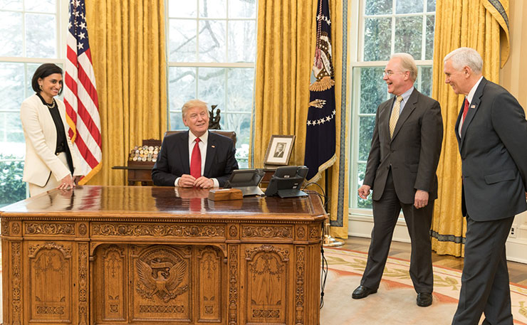 President Donald J. Trump shares a laugh with (clockwise from left) Ms.Seema Verma, Administrator of the Centers for Medicare and Medicaid Services, Secretary Tom Price, U.S. Secretary of Health and Human Services, and Vice President Mike Pence on Tuesday, March 14, 2017, in the Oval Office of the White House. (IMAGE: The White House, Flickr)