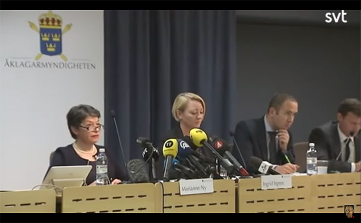 Swedish prosecutor Marianne Ny (far left) announces yesterday that the charges against Julian Assange are no longer being pursued.