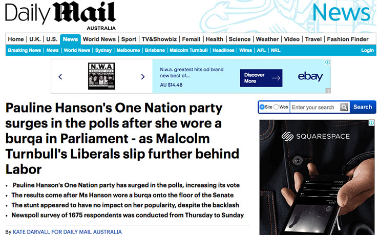R=The Daily Mail's coverage of a Pauline Hanson's One Nation Party "surge" in popularity.