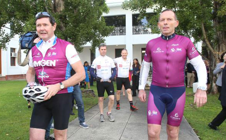 Kevin Andrews and Tony Abbott, preparing to lead the 2017 Sydney Mardi Gras.
