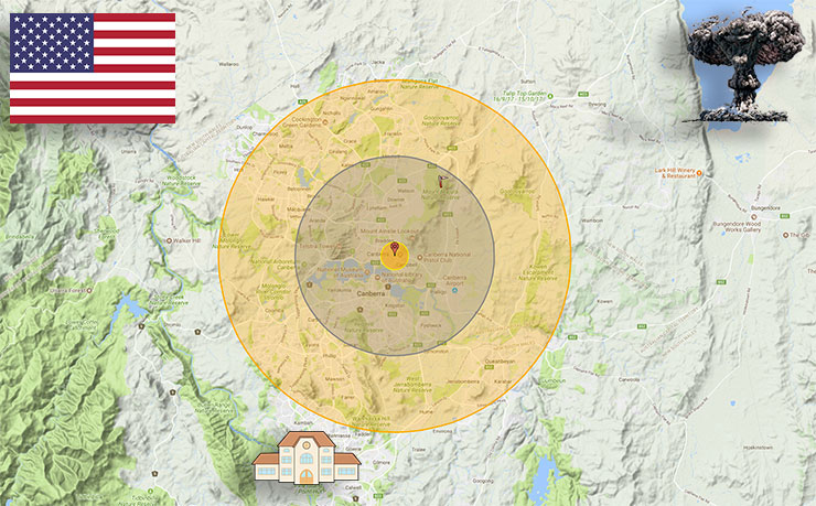 The result if Donald Trump attacks Canberra by mistake, instead of Pyongyang. The little building at the bottom represents an exact scale replica of the sprawling Centrelink compound at Tuggeranong, which, remarkably, still escapes unscathed.
