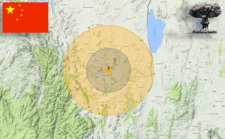 A computer simulation of the blast area from a Chinese nuclear strike on Canberra. (SOURCE: https://nuclearsecrecy.com/nukemap/)