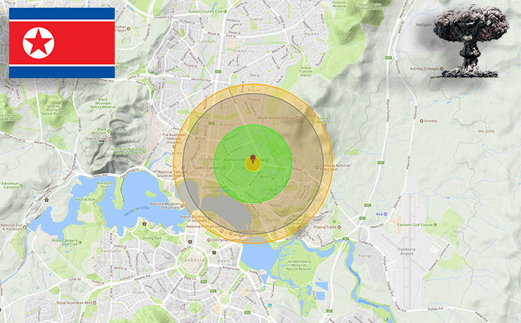 A computer simulation of the blast area from a North Korean nuclear strike on Canberra. (SOURCE: https://nuclearsecrecy.com/nukemap/)