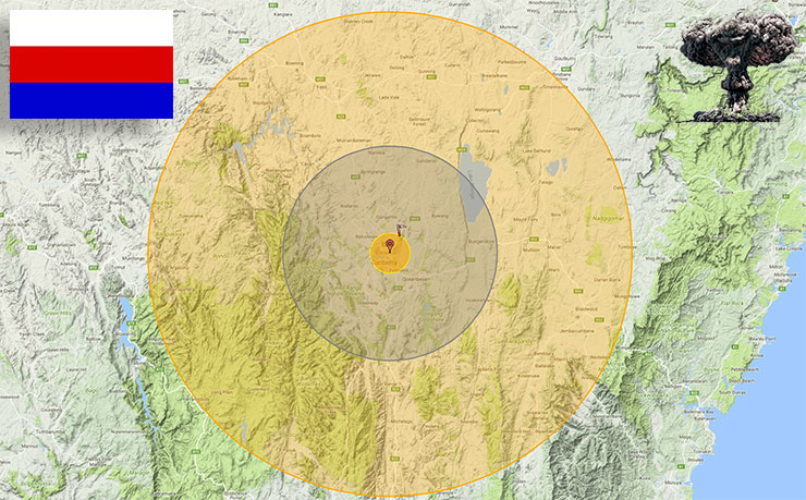 A computer simulation of the blast area from a Russian nuclear strike on Canberra. (SOURCE: https://nuclearsecrecy.com/nukemap/)
