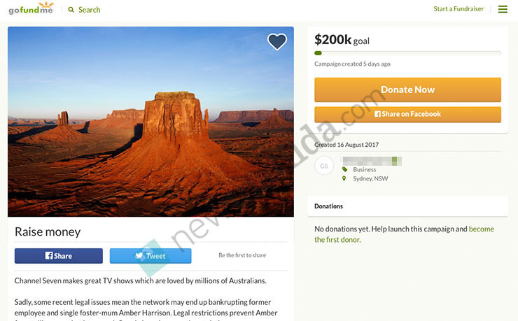 The fake GoFundMe page set up by Addisons Lawyers in Sydney, a top tier law firm which represents Channel 7. And apologies for the NM watermark in the picture... it's done to prevent the Daily Mail from stealing images. 