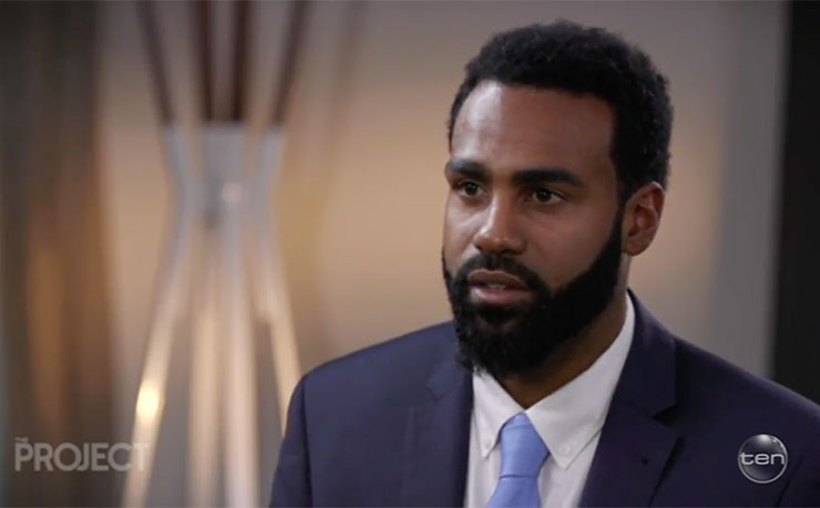 Retired AFL star Hèritier Lumumba, pictured in a screencap from his appearance on The Project in September 2017.