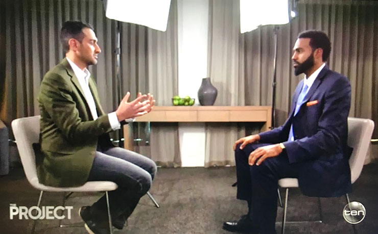 A screencap from The Project airing of the interview between Waleed Aly and Hèritier Lumumba on Tuesday night.