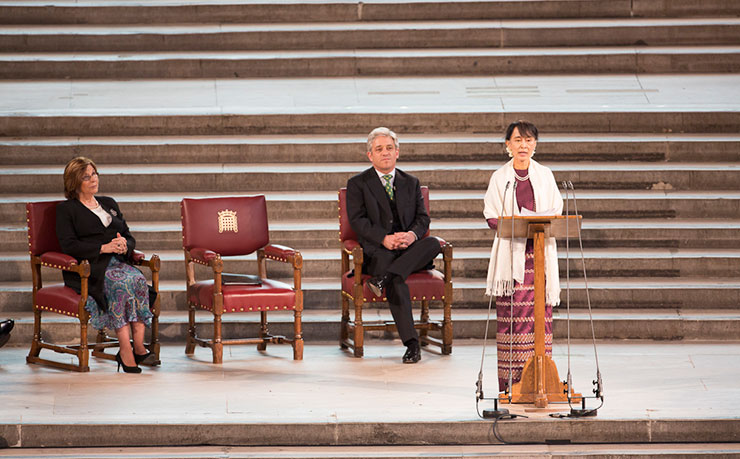 Aung San Suu Kyi delivers an address to British parliamentarians and guests in Westminster Hall in 2012. (IMAGE" UK Parliament, Flickr).