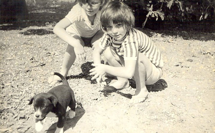 The twins at around 5 years of age, Jane to the rear, Jenny in front.