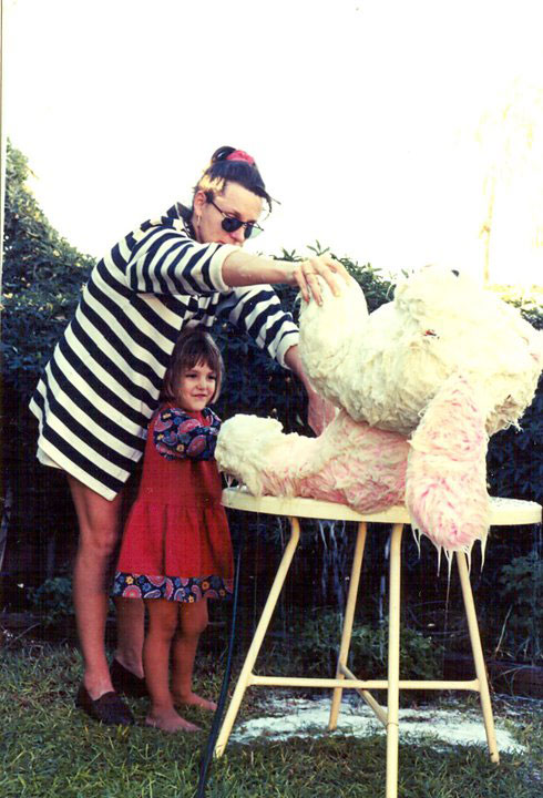 Jenny helps the author wash a favourite toy, approximately 1994.